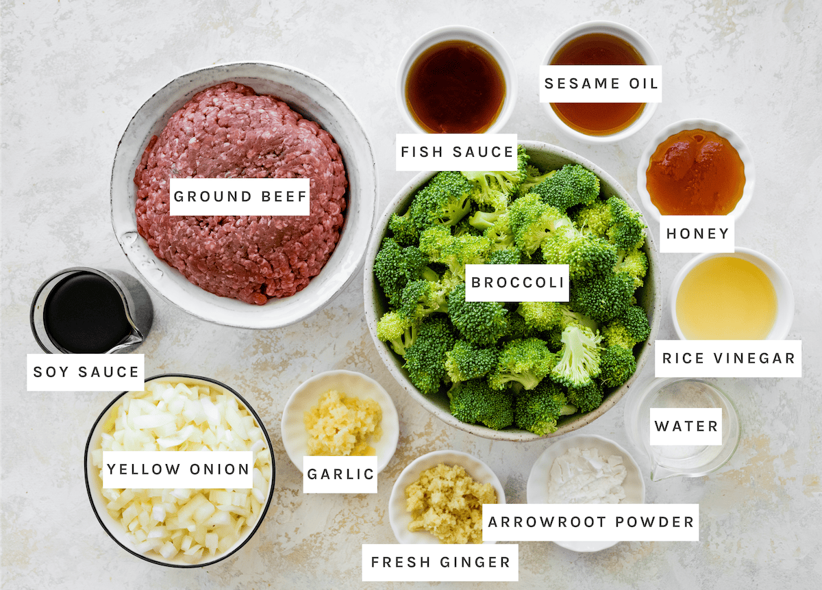 Ground beef, broccoli, yellow onion, garlic, fresh ginger, soy sauce, fish sauce, sesame oil, honey, rice vinegar, water, arrowroot powder