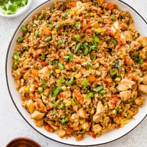 Bowl of homemade chicken fried rice topped with chopped green onions and served on a white table.