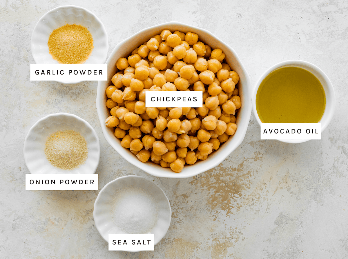 Chickpeas, avocado oil, garlic powder, onion powder, sea salt