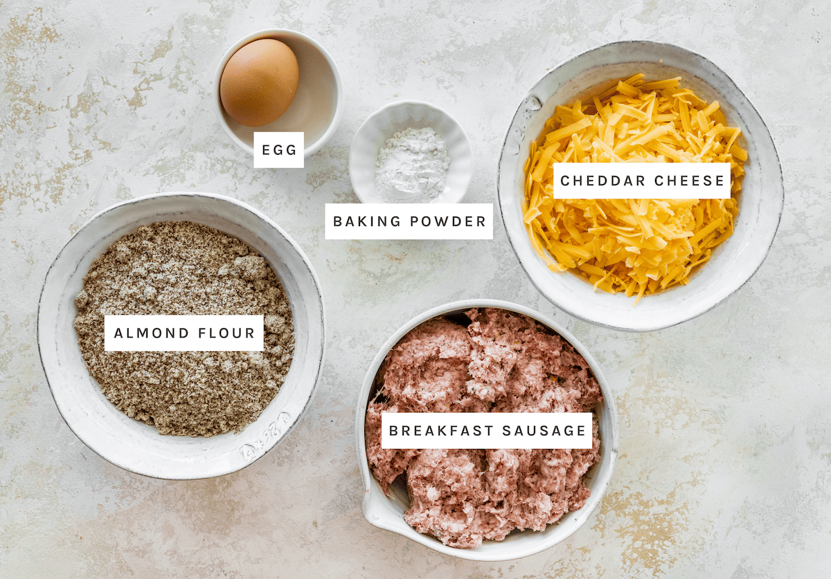 Egg, baking powder, cheddar cheese, almond flour, breakfast sausage