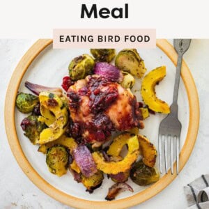 Plate of cranberry balsamic chicken served with roasted Brussels sprouts, red onion, and delicata squash.