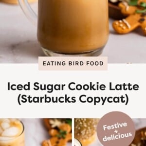 Top photo: Iced sugar cookie latte in a glass mug topped with whipped cream and festive red and green sprinkles. Bottom-left photo: Glass mug of iced sugar cookie latte with ice cubes and a clear straw. Bottom-right photo: Iced sugar cookie latte topped with whipped cream and colorful sprinkles, surrounded by holiday cookie decorations.