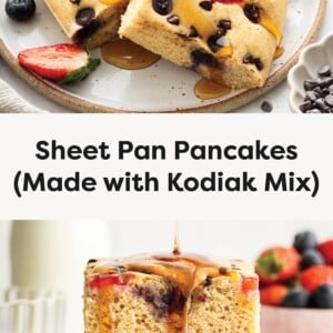 Top photo: Squares of sheet pan pancakes topped with strawberries, blueberries, and chocolate chips on a plate with syrup drizzled over them. Bottom photo: A tall stack of berry-filled sheet pan pancakes with syrup being poured over the top, served with fresh berries.