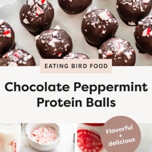 Top photo: Chocolate peppermint protein balls coated in dark chocolate and sprinkled with crushed candy cane, with a glass of milk in the background. Middle left photo: Plate of chocolate peppermint protein balls topped with crushed candy cane next to a glass of milk and a bowl of peppermint pieces. Middle right photo: Bowl filled with stacked chocolate peppermint protein balls decorated with crushed candy cane. Bottom photo: Close-up plate of chocolate peppermint protein balls arranged neatly and dusted with crushed candy cane.