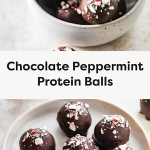 Top photo: Bowl filled with chocolate peppermint protein balls coated in dark chocolate and topped with crushed candy cane pieces. Bottom photo: Plate of chocolate peppermint protein balls arranged neatly, each topped with crushed peppermint candy.