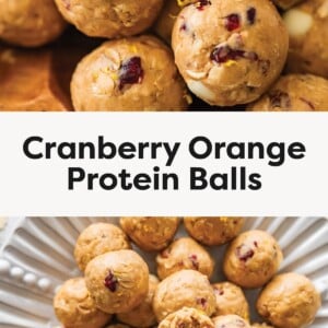 Photo 1: Close-up of cranberry orange protein balls with one broken open showing the chewy interior Photo 2: Cranberry orange protein balls stacked on a fluted plate with one bitten open in the center