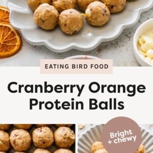 Photo 1: Cranberry orange protein balls arranged on a scalloped white serving plate Photo 2: Rows of cranberry orange protein balls on a baking tray Photo 3: Stack of cranberry orange protein balls in a bowl with one bitten open showing texture