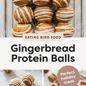 Photo 1: Gingerbread protein balls drizzled with white chocolate arranged in a glass container Photo 2: Gingerbread protein balls drizzled with white chocolate on parchment paper Photo 3: Gingerbread protein balls stacked on a decorative holiday plate with white chocolate drizzle