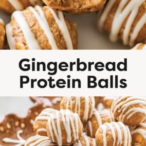 Photo 1: Bite-open gingerbread protein ball drizzled with white chocolate, showing soft oat-filled center Photo 2: Stack of gingerbread protein balls drizzled with white chocolate on a decorative plate
