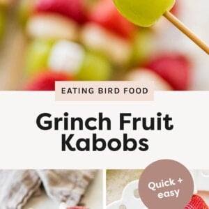 • Fruit kabob on a skewer with a green grape, banana slice, strawberry, and mini marshmallow styled like the Grinch • Pile of Grinch fruit kabobs stacked on a tray with strawberries, bananas, grapes, and marshmallows • Grinch fruit kabobs arranged on a white plate with wooden skewers • Close-up of festive Grinch fruit kabobs highlighting red strawberries and green grapes