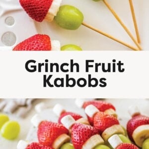 • Grinch fruit kabobs on wooden skewers arranged on a white plate with strawberries, bananas, grapes, and mini marshmallows • Close-up of stacked Grinch fruit kabobs piled together showing red strawberries and green grapes