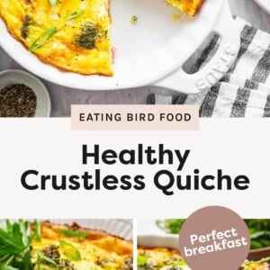 Photo 1: Healthy crustless quiche in a white baking dish with one slice removed, garnished with green onions Photo 2: Slice of crustless quiche with ham and broccoli on a plate with fresh greens Photo 3: Close-up of crustless quiche slice in a baking dish showing the fluffy egg texture