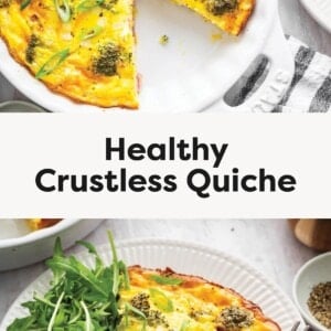 Photo 1: Healthy crustless quiche with broccoli and cheese in a white baking dish, sliced and topped with green onions Photo 2: Slice of crustless quiche served on a plate with fresh arugula and a fork