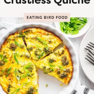 Healthy crustless quiche with broccoli and cheese baked in a white dish, sliced and garnished with green onions