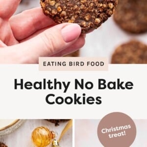 Top photo: Hand holding a round chocolate no-bake cookie made with oats, with more cookies and a bowl in the background. Bottom left photo: Several chocolate no-bake cookies arranged on a surface with Christmas ornaments scattered around. Bottom right photo: Stack of chocolate no-bake cookies on a plate with festive gold ribbon accents nearby.