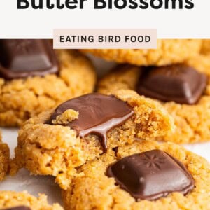 Close-up of healthy peanut butter blossom cookies topped with melting chocolate, with one cookie broken open to show the soft interior.
