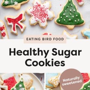 Top photo: Colorful holiday sugar cookies in festive shapes like trees, stars, bows, and candy canes, decorated with red, green, blue, and white icing. Bottom left photo: A plate filled with assorted iced holiday sugar cookies in bright festive colors. Bottom right photo: Close-up of decorated Christmas sugar cookies featuring trees, stars, bows, and candy canes with colorful sprinkles.