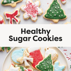 Top photo: Assorted holiday-themed sugar cookies decorated with colorful icing and sprinkles. Bottom photo: A plate filled with festive iced sugar cookies in Christmas shapes like trees, stars, bows, ornaments, and candy canes.