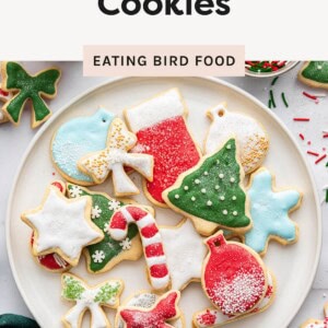 A plate of colorful, iced holiday sugar cookies in festive shapes like trees, stars, stockings, bows, and candy canes.