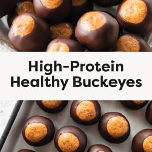 Close-up of chocolate-coated buckeye bites showing the peanut butter centers High-protein buckeye treats arranged evenly on a baking tray, partially dipped in dark chocolate
