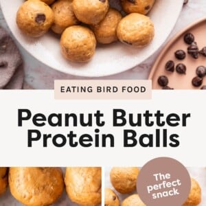 Photo 1: Bowl filled with peanut butter protein balls on a marble surface. Photo 2: Close-up of peanut butter protein balls showing oats and chocolate chips. Photo 3: Peanut butter protein balls scattered on a light background with chocolate chips nearby.