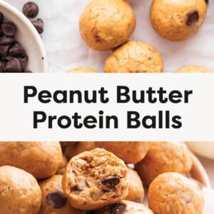 Photo 1: Overhead view of peanut butter protein balls spaced on a light marble surface with chocolate chips. Photo 2: Close-up of peanut butter protein balls on a plate, with one ball cut open showing oats and chocolate chips.
