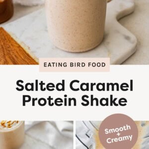 Photo 1: Salted caramel protein shake topped with whipped cream and caramel drizzle on a marble surface Photo 2: Top-down view of a salted caramel protein shake with whipped cream and caramel sauce Photo 3: Creamy salted caramel protein shake being poured from a blender into a glass