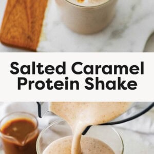 Photo 1: Glass of salted caramel protein shake topped with whipped cream and caramel drizzle Photo 2: Creamy salted caramel protein shake being poured into a glass from a blender