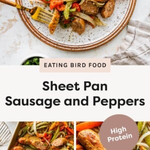 Top photo: Plate of sliced sausage with sautéed bell peppers and onions, garnished with herbs. Bottom left photo: Sheet pan filled with roasted sausage slices, bell peppers, and onions. Bottom right photo: Close-up of whole sausage with roasted peppers and onions on a sheet pan.