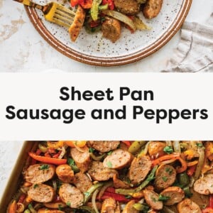 Top photo: Plated sausage with sautéed bell peppers and onions on a speckled ceramic plate. Bottom photo: Sheet pan of roasted sausage slices with colorful bell peppers and onions.
