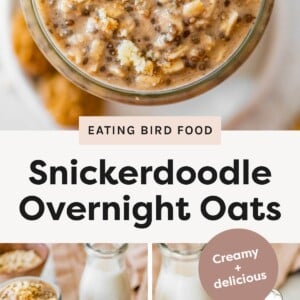 Photo 1 (top image): Close-up of creamy snickerdoodle overnight oats in a jar, topped with cookie crumbles and a small cookie. Photo 2 (bottom left): Two jars of snickerdoodle overnight oats on a light surface with scattered oats, cookies, and milk bottles in the background. Photo 3 (bottom right): A single jar of snickerdoodle overnight oats topped with cookie crumbles and mini cookies, with a spoon and milk bottle behind it.
