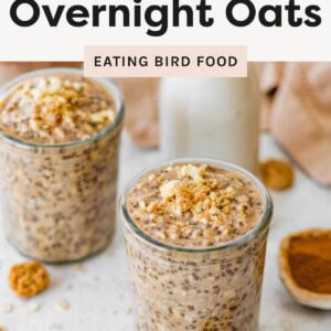 A glass jar filled with creamy snickerdoodle overnight oats topped with cookie crumbles, with another jar, milk bottle, and oats scattered in the background.