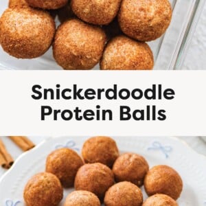 Cinnamon-coated snickerdoodle protein balls arranged tightly in a glass container, viewed from above. Snickerdoodle protein balls dusted with cinnamon sugar on a white plate.
