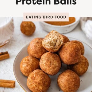 Snickerdoodle protein balls stacked on a plate, coated in cinnamon sugar, with a bite taken out of one.