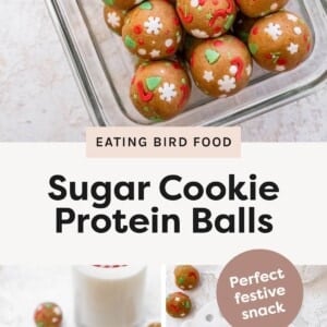Glass container filled with sugar cookie protein balls topped with festive holiday sprinkles Plate of sugar cookie protein balls served as a festive snack Overhead view of sugar cookie protein balls on a decorative plate with one bitten open, showing the soft center