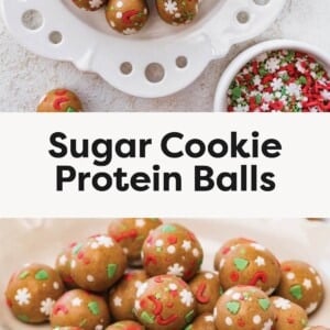 Overhead view of sugar cookie protein balls on a white scalloped plate with festive sprinkles Close-up of sugar cookie protein balls piled on a plate, decorated with holiday sprinkles