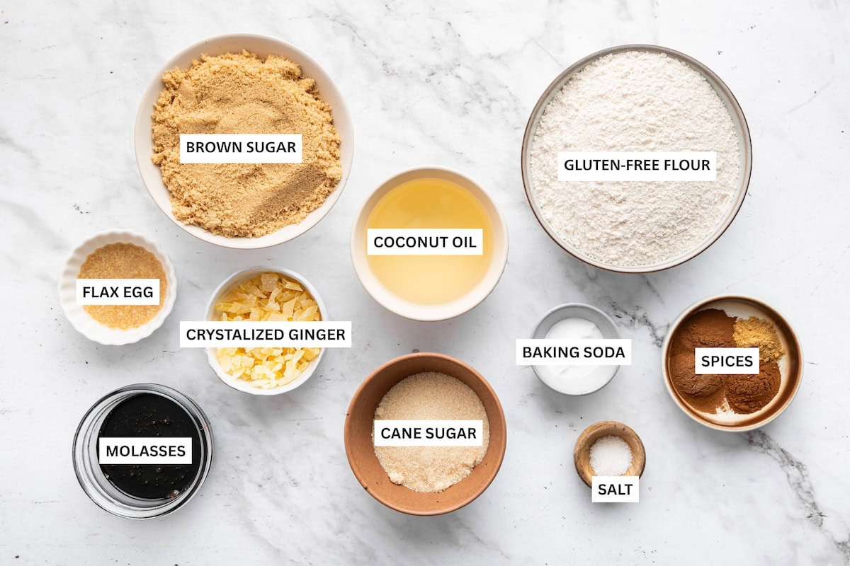 Gluten free flour, coconut oil, baking soda, spices, salt, cane sugar, crystalized ginger, flax egg, molasses, brown sugar