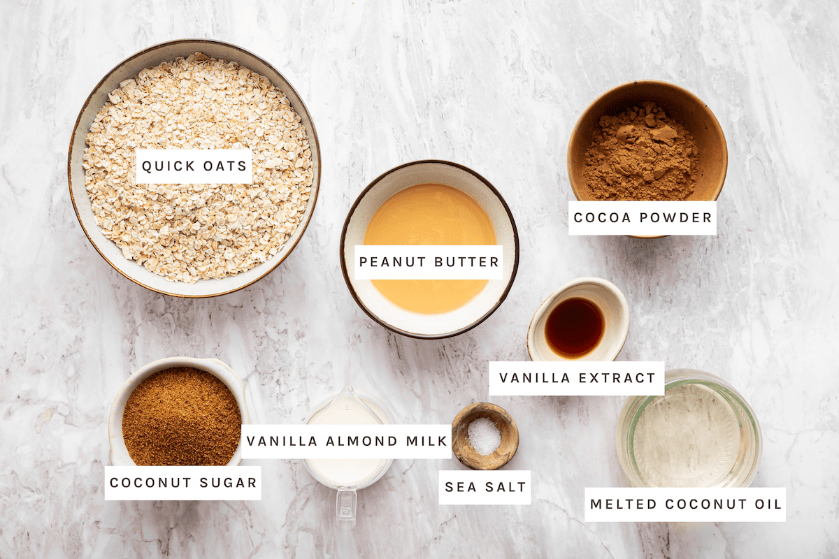 Quick oats, peanut butter, cocoa powder, coconut sugar, vanilla almond milk, vanilla extract, sea salt, melted coconut oil