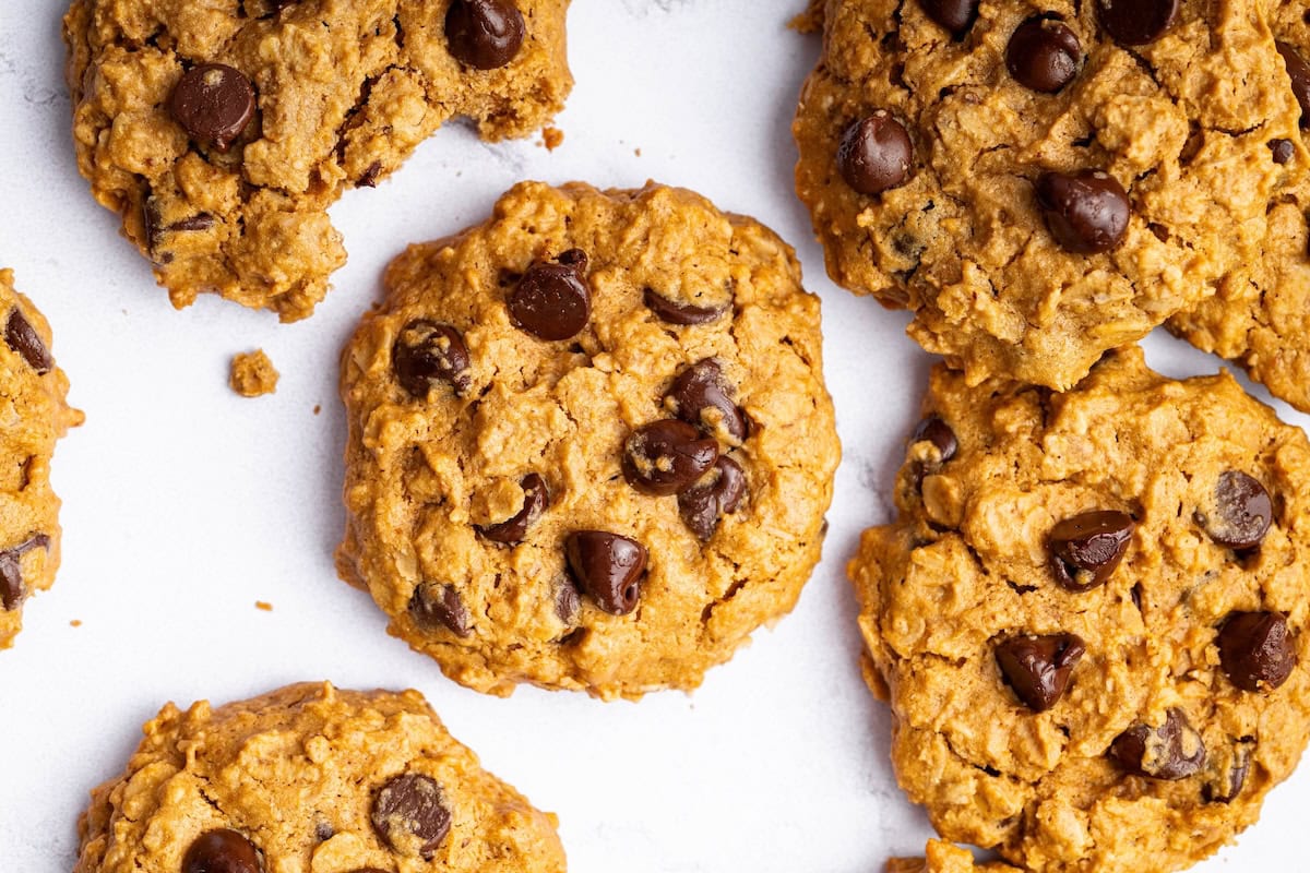Multiple peanut butter oatmeal cookies with chocolate chips spread out on a table. One of the cookies has a bite taken out of it.