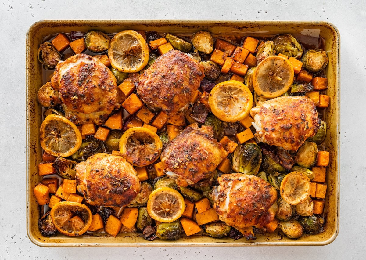 chicken and veggies roasted One pan chicken and veggies roasted until crispy with caramelized Brussels sprouts and squash.