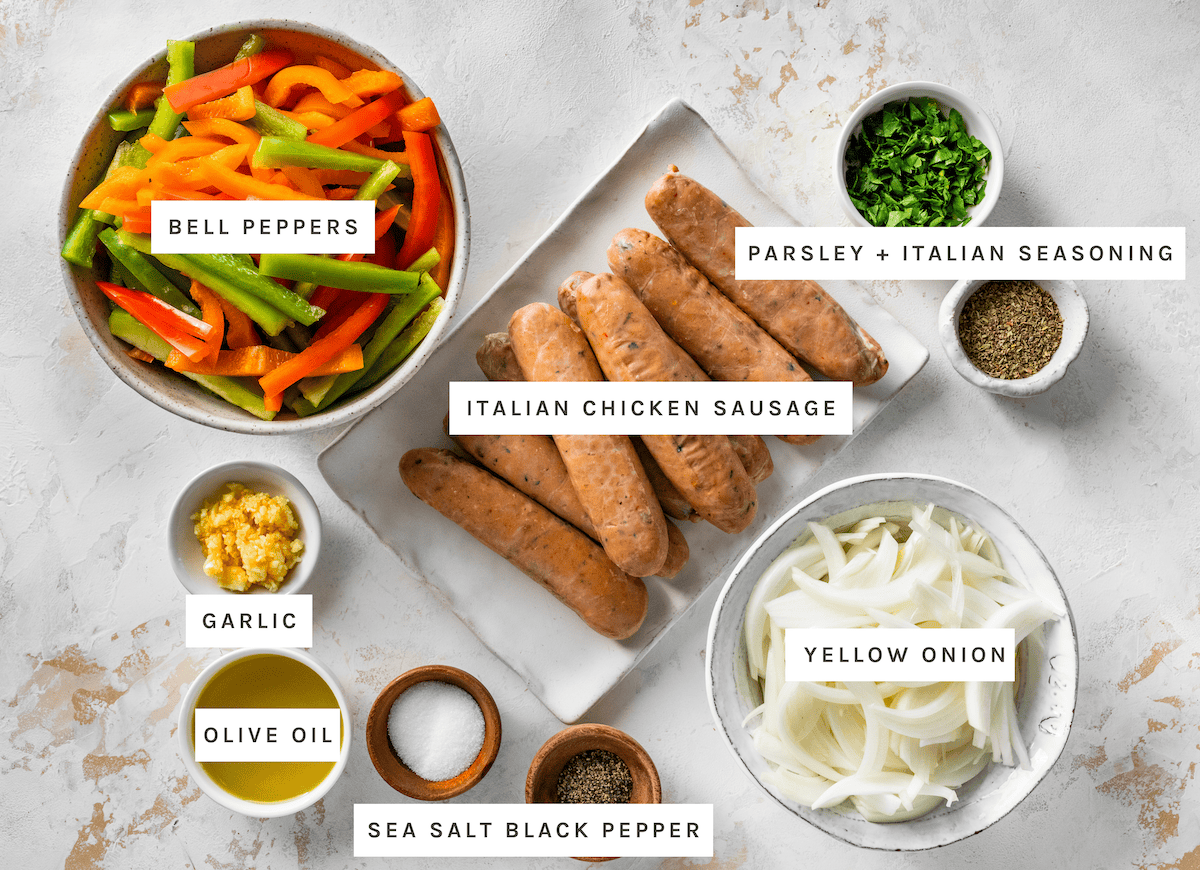 Italian chicken sausage, bell peppers, yellow onion, garlic, olive oil, parsley, Italian seasoning, sea salt, black pepper