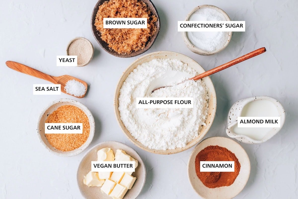 Ingredients measured out to make vegan cinnamon rolls.