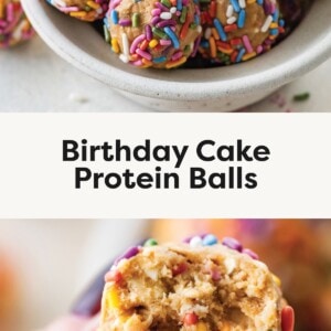 Photo 1: Bowl of birthday cake protein balls covered in colorful rainbow sprinkles. Photo 2: Hand holding a bitten birthday cake protein ball showing the soft, sprinkle-filled center.