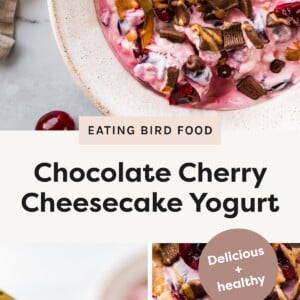 Photo 1: Bowl of cherry cheesecake yogurt topped with chocolate cereal, cherries, and almond butter drizzle. Photo 2: Spoonful of cherry cheesecake yogurt with chocolate cereal and cherries. Photo 3: Close-up of cherry cheesecake yogurt with chocolate cereal and almond butter drizzle.