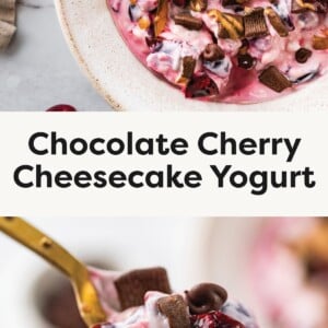 Photo 1: Bowl of pink cherry cheesecake yogurt topped with chocolate cereal, cherries, chocolate chips, and almond butter drizzle. Photo 2: Spoonful of cherry cheesecake yogurt with chocolate cereal and cherries.