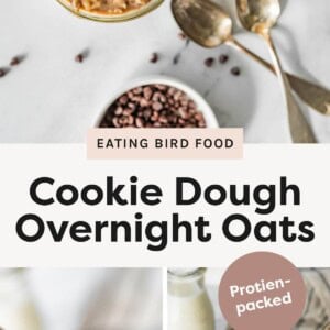 Top-down view of a jar of cookie dough overnight oats topped with mini chocolate chips. Spoonful of cookie dough overnight oats with chocolate chips held above the jar. Jar of cookie dough overnight oats on a marble surface with a milk bottle in the background.