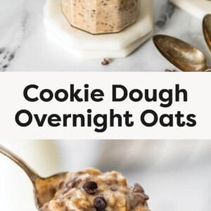 Jar of cookie dough overnight oats topped with mini chocolate chips on a marble surface. Spoonful of cookie dough overnight oats with chocolate chips held above the jar.