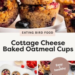 Top photo: Two mixed berry baked oatmeal cups stacked on top of each other with a maple syrup drizzle. Bottom photos: 12 baked oatmeal cups in a muffin tin and baked oatmeal cups on a platter.