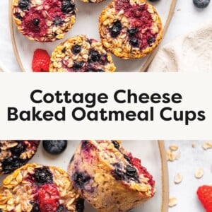 Top photo: Cottage cheese baked oatmeal cups served on a platter. Bottom photo: Close up of baked oatmeal cups on a platter.