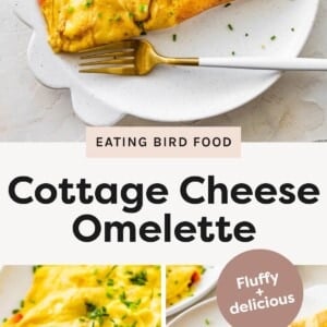 Cottage cheese omelette folded on a white plate, topped with chopped chives. Close-up of a fluffy cottage cheese omelette with a fork cutting into the egg and vegetable filling. Cottage cheese omelette filled with red bell peppers and onions, garnished with fresh chives.